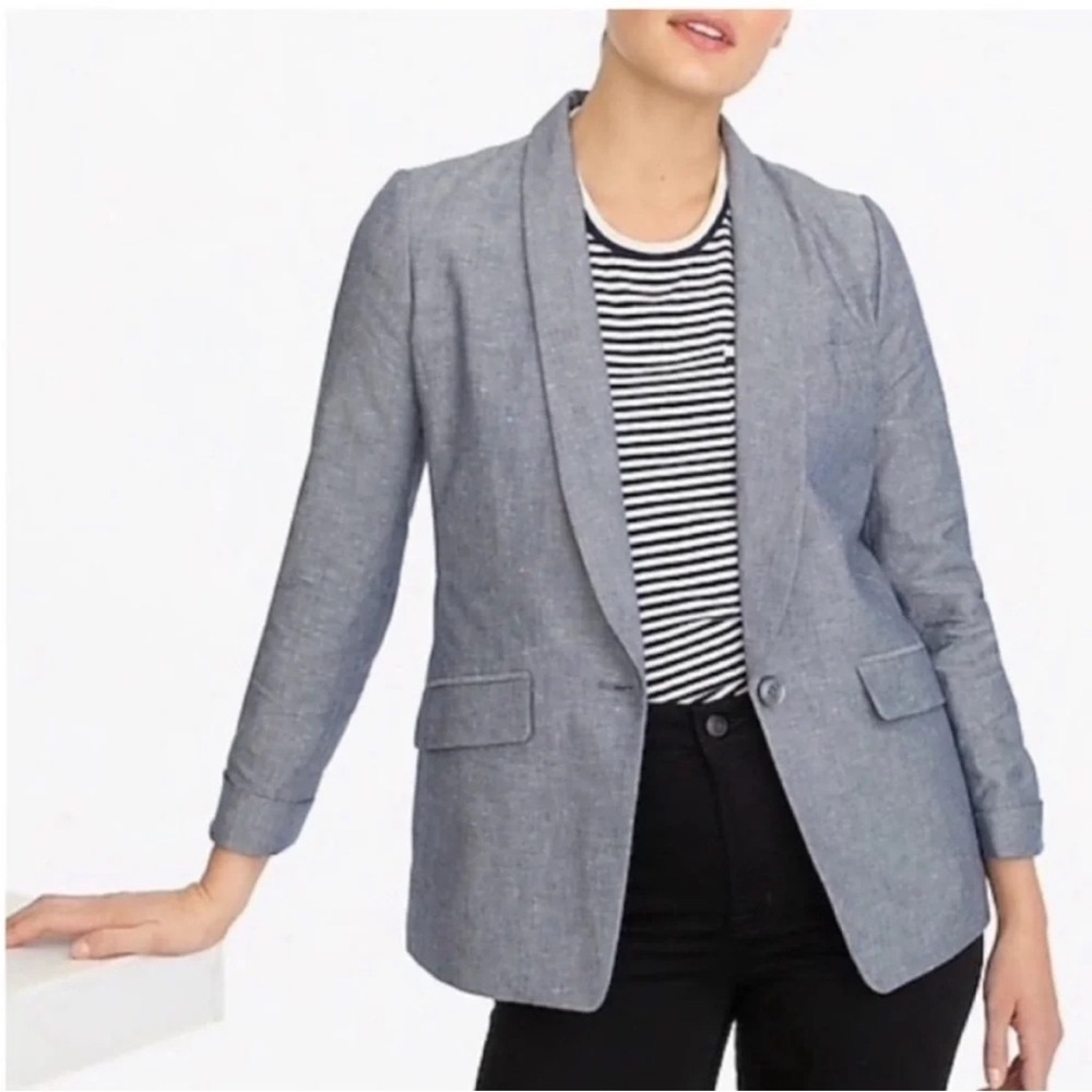 J.CREW Unstructured Shawl Collar Cotton/Linen Blend Blazer chambray gray blue 12